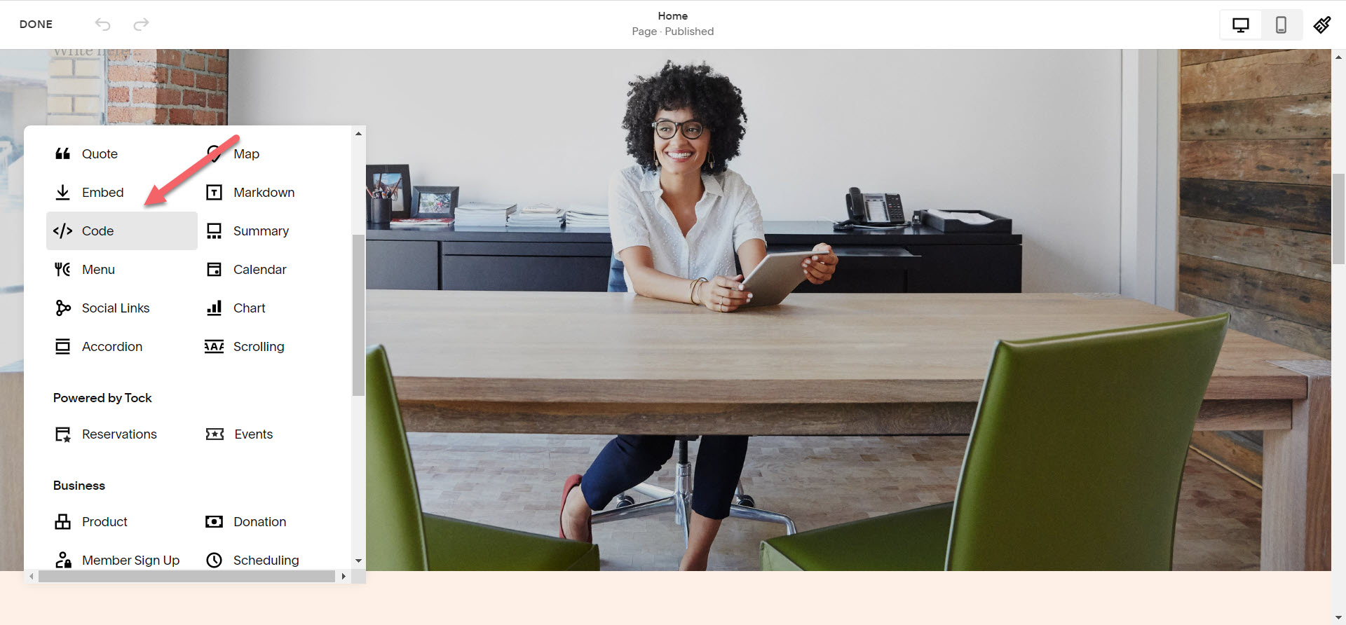 Screenshot of the Squarespace editor with the block menu open. An arrow points to the “Code” option, which is used to embed and add a survey to a Squarespace site.