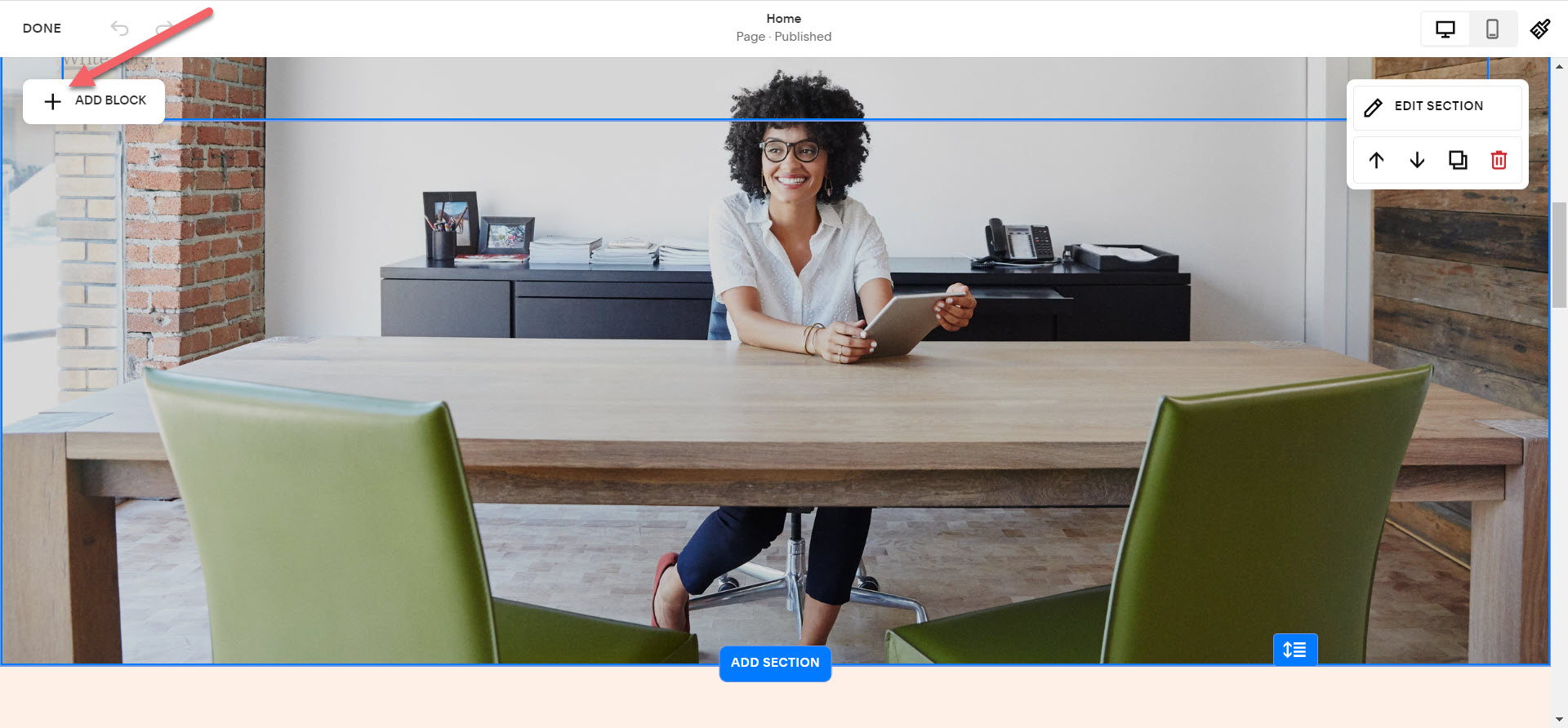Screenshot of the Squarespace editor showing the option to “Add Block.” An arrow points to the “Add Block” button, which is the first step in embedding a survey on a Squarespace page.