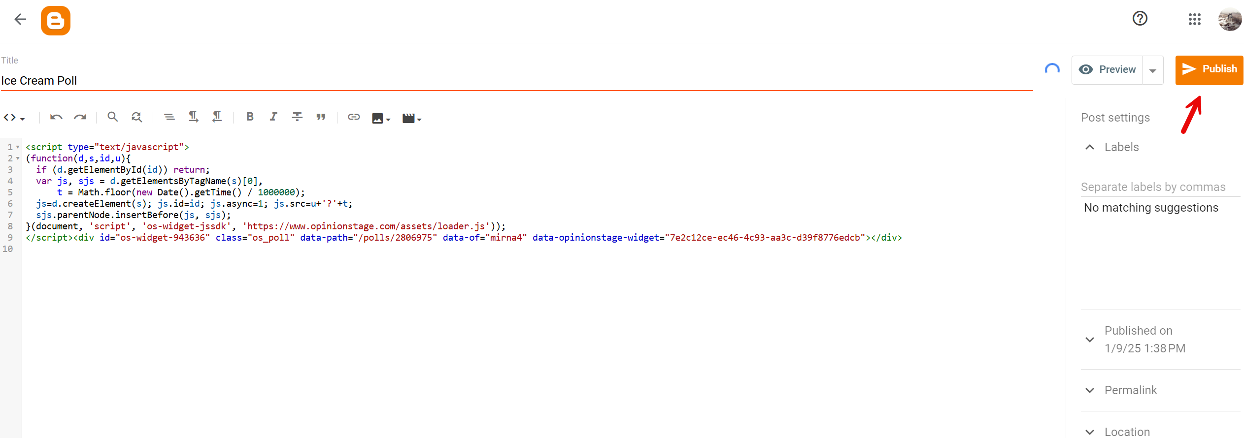 Image showing how you can add a poll, survey, or quiz to Blogger that you've created with the Opinion Stage quiz maker.