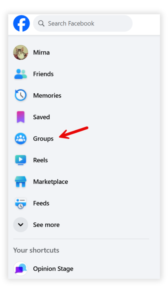 Screenshot of the Facebook homepage sidebar. A red arrow points to the 'Groups' menu item, indicating where to click to access Facebook Groups for posting a survey or poll.