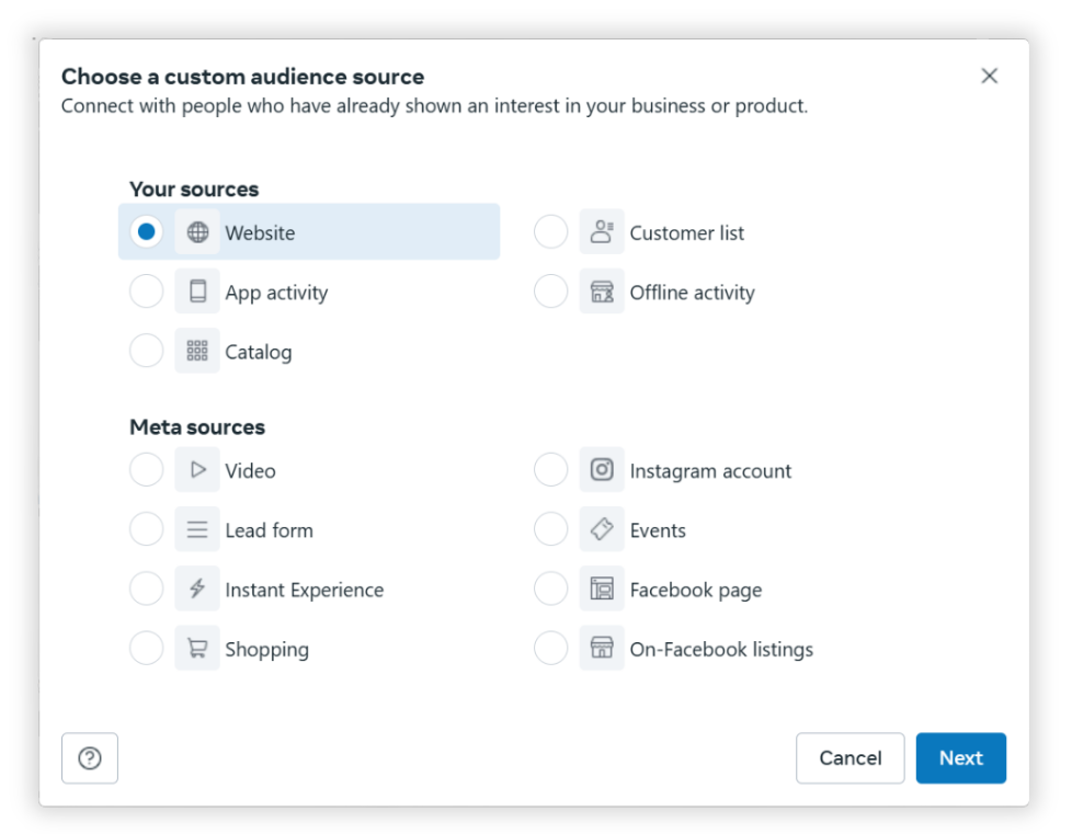 Screenshot of Facebook’s custom audience setup screen, showing various source options like website, app activity, customer list, lead form, Instagram account, and more for targeting ads based on user interactions.
