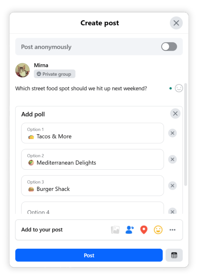 Screenshot of a Facebook Group post creation window showing a poll in progress. The interface includes a 'Post anonymously' toggle and a 'Post' button at the bottom.
