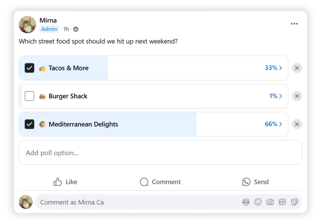 Screenshot of a Facebook Group poll post showing results. Two options are checked, indicating multiple selections were allowed.