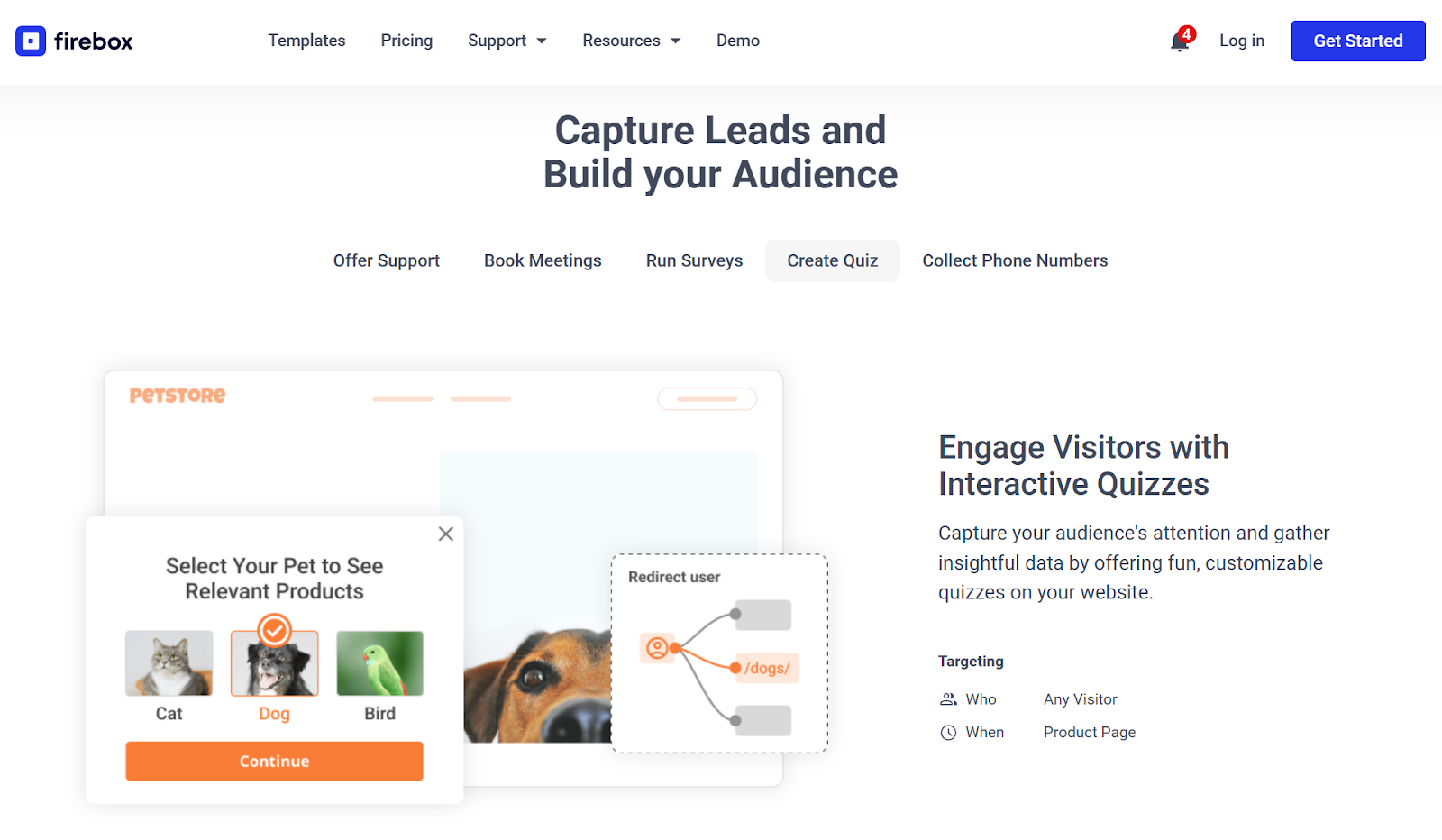 FireBox website showcasing the quizzes feature. Example popup quiz asks users to select a pet—Cat, Dog, or Bird—to see relevant products, with a redirect flow based on their choice.