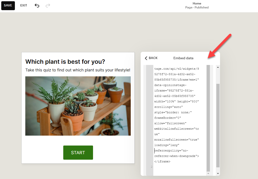 Screenshot showing how to add your quiz embed code to your Squarespace website.