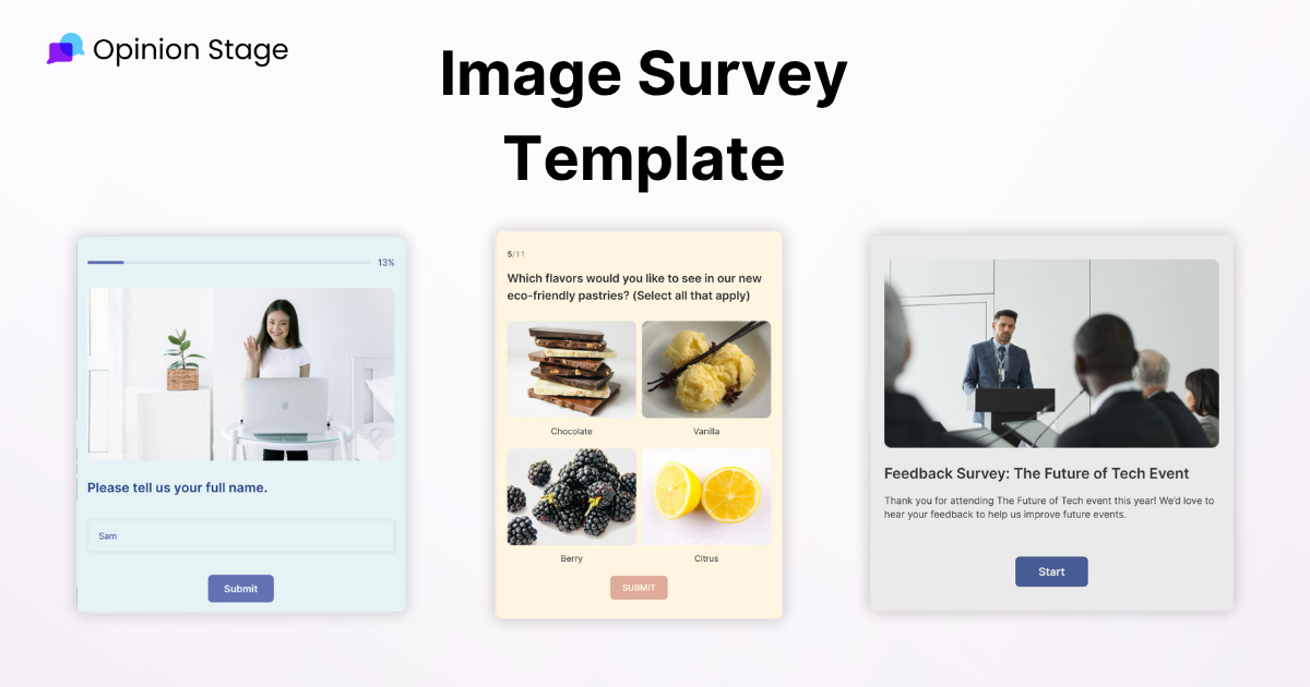 Three image-based survey examples from Opinion Stage displayed side by side. The first shows a name entry field with a smiling woman on a laptop; the second shows a flavor preference question with images of chocolate, vanilla, berry, and citrus; the third shows a feedback survey titled “The Future of Tech Event” with an image of a speaker at a podium. Large title above reads “Image Survey Template.”