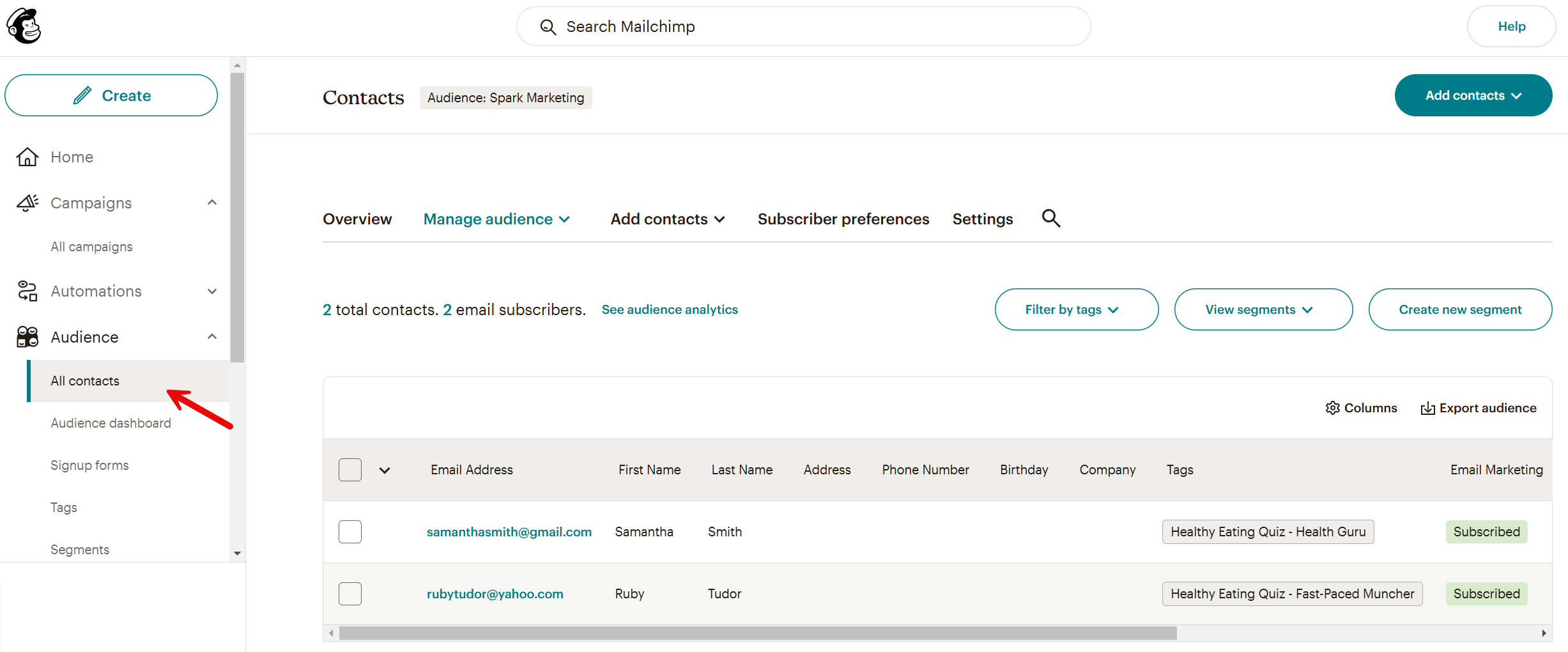 How to find the leads you've collected with your quiz in Mailchimp.