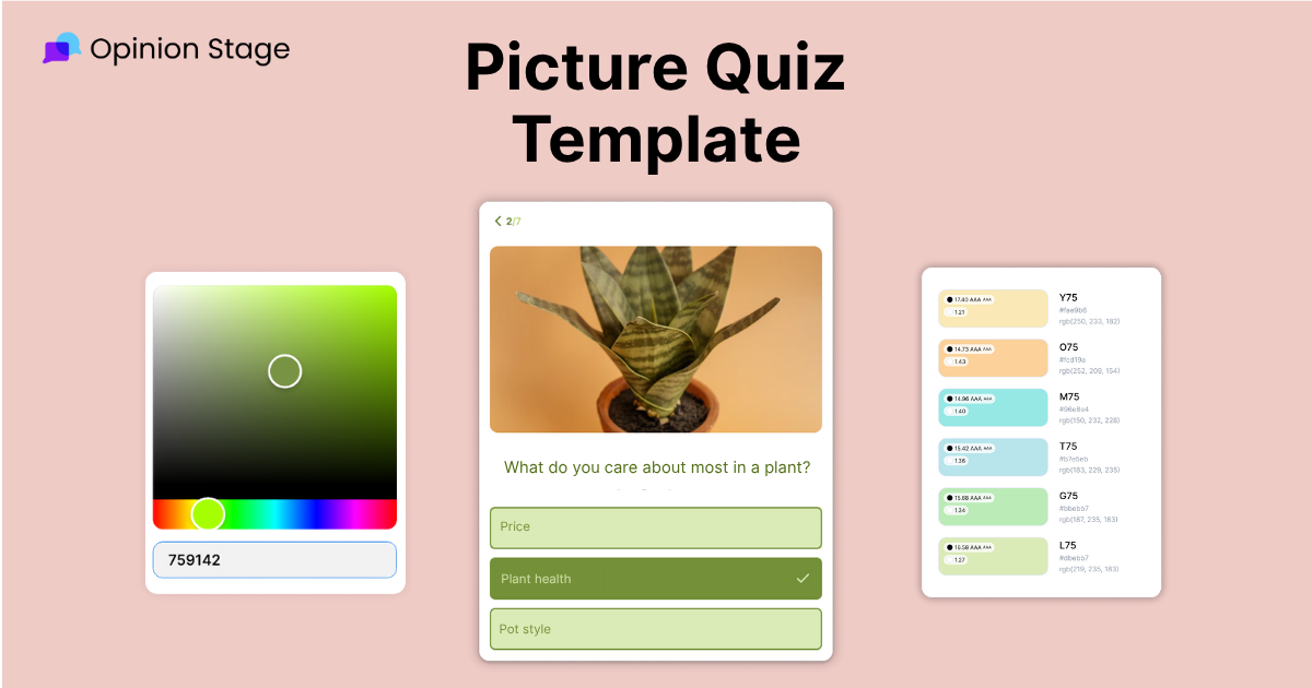 Example of a picture quiz template from Opinion Stage showing plant-themed questions with visual answer choices and quiz design color options on the left and right side.