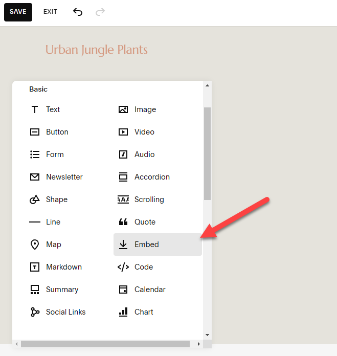 Screenshot showing how you can add a quiz to a blank page on your Squarespace website.