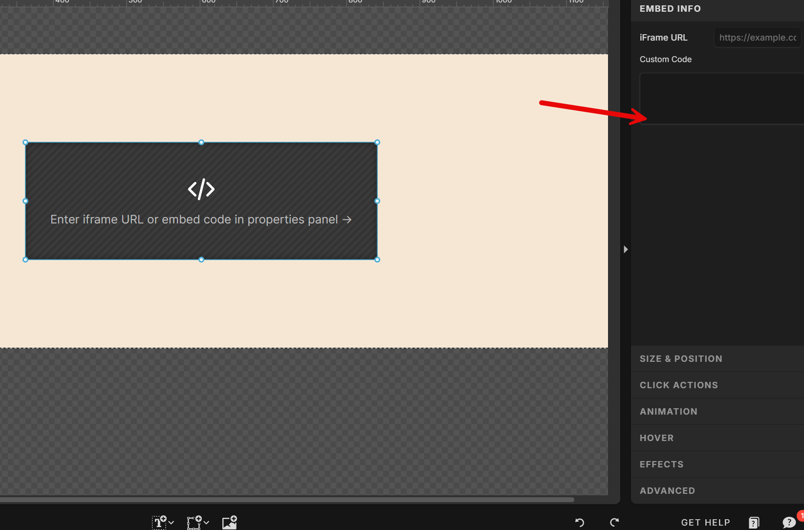 Where to paste the embed code of your Showit survey.