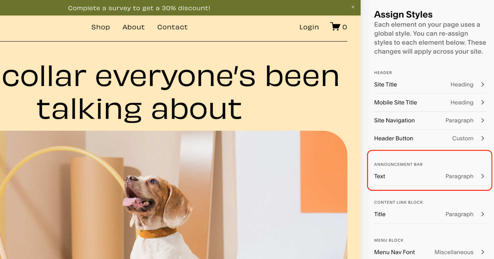 Image showing how you can change the font on your Squarespace announcement bar.