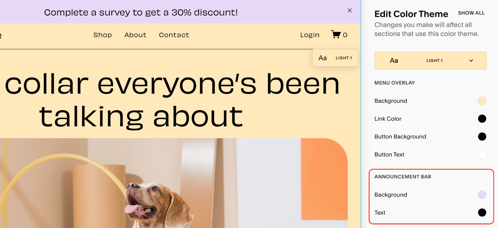 Image showing how you can change the color of your Squarespace announcement bar.
