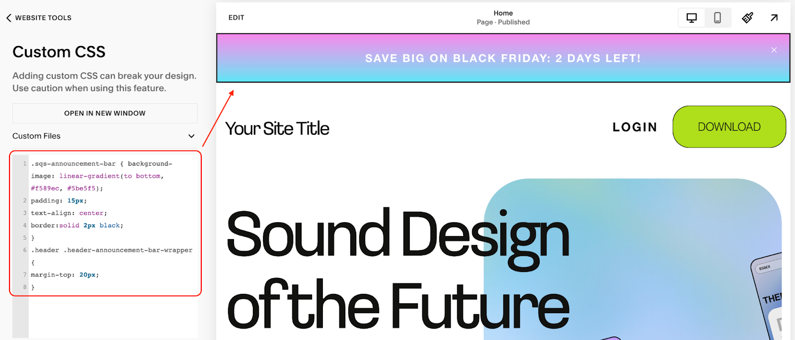 Image showing how you can add custom CSS to your Squarespace announcement bar.