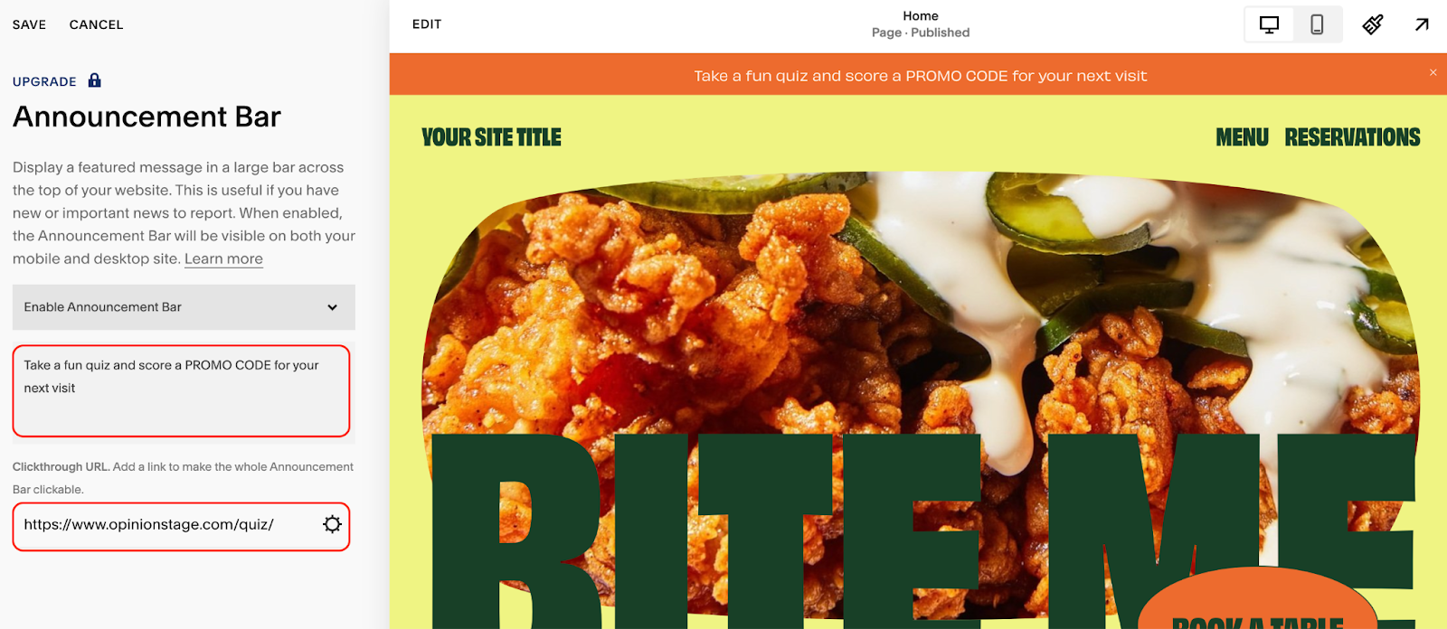 Image showing an example of adding a quiz to your Squarespace announcement bar to boost conversions.