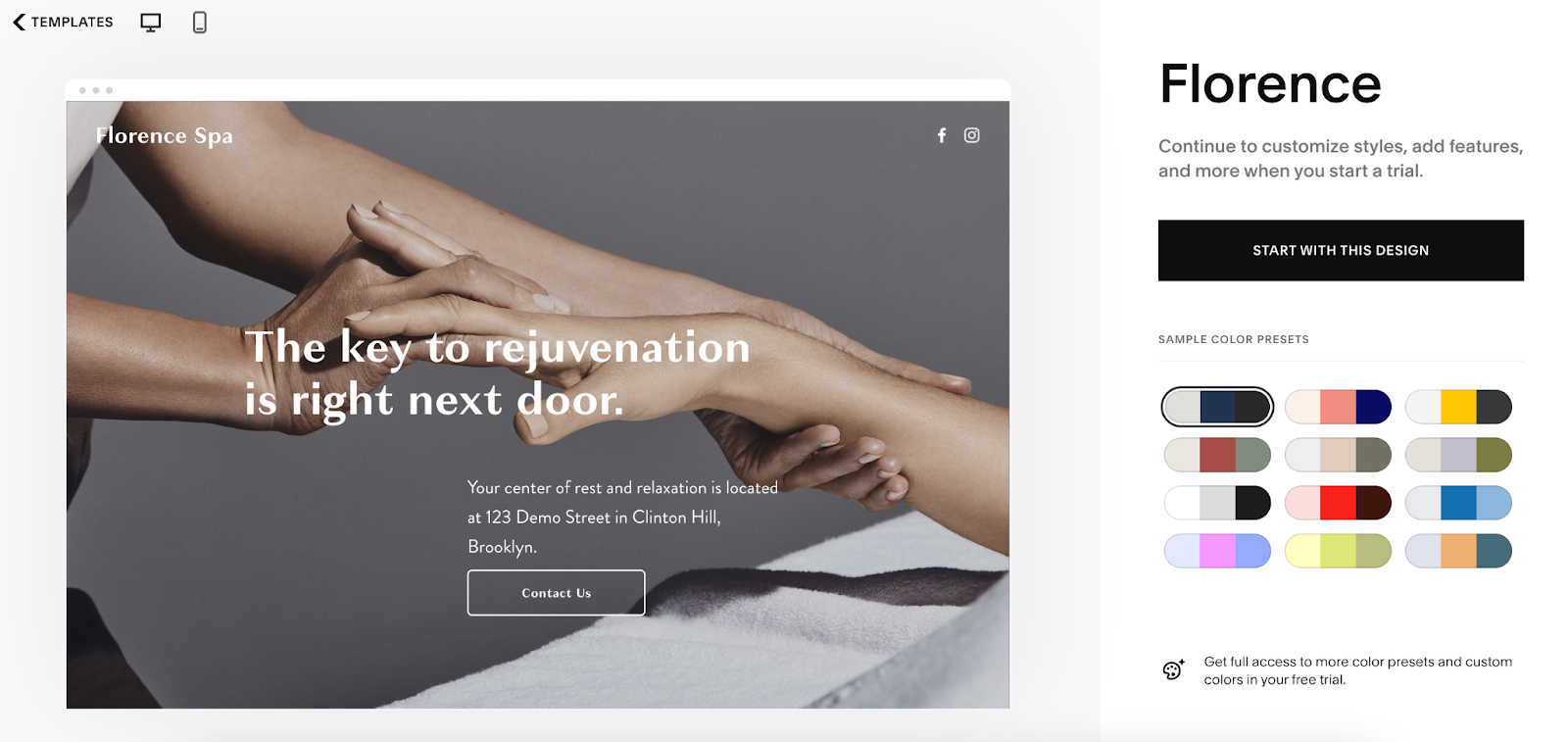 Image showing a landing page template from Squarespace called Florence.