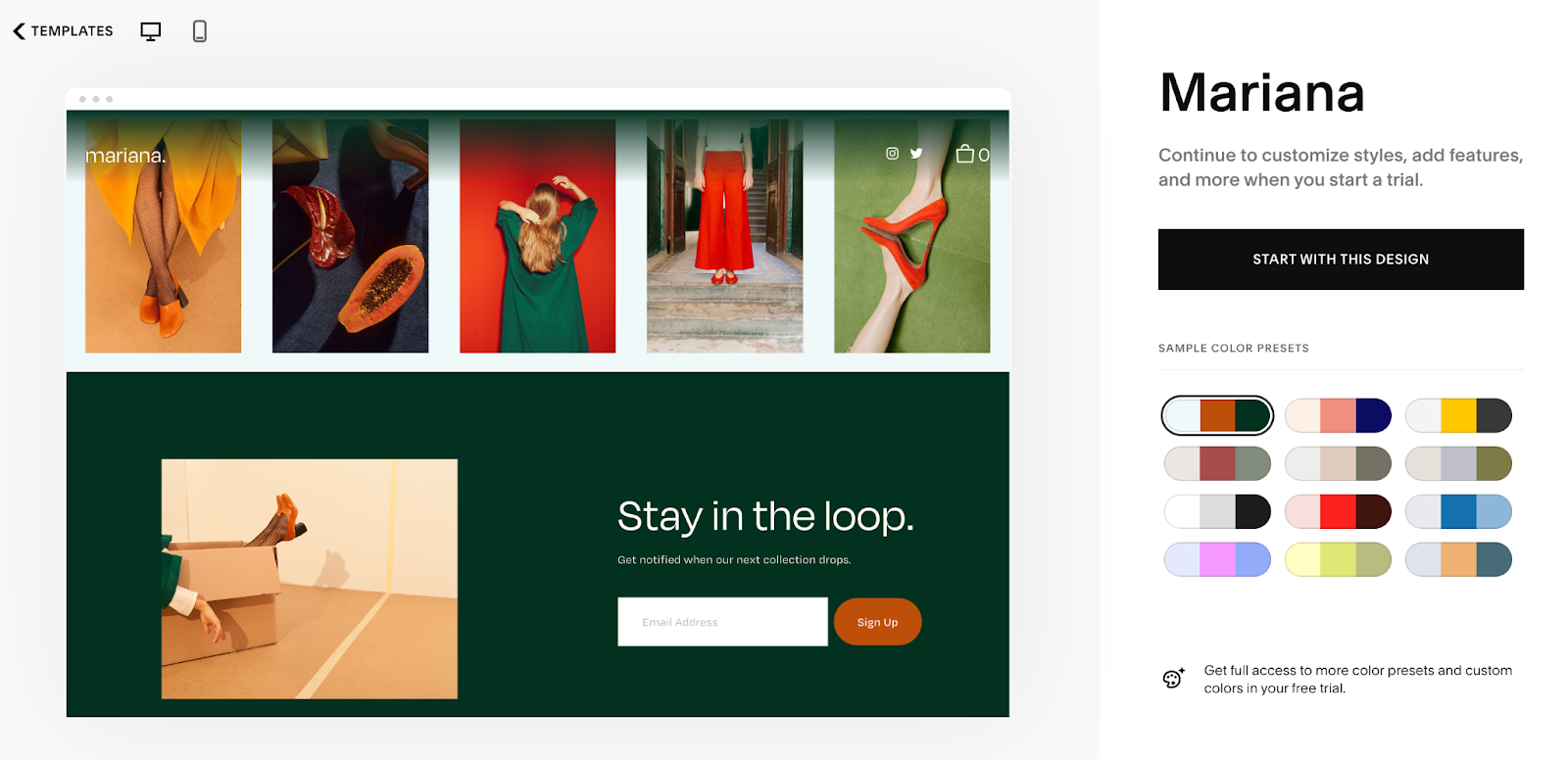 Image showing a landing page template from Squarespace called Mariana.