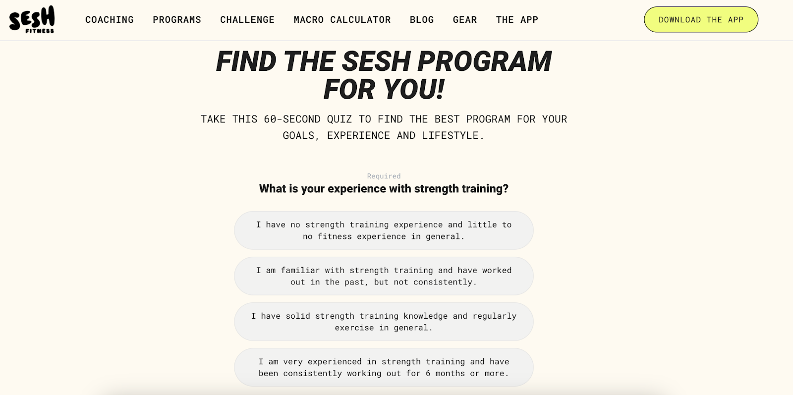 Image showing an example of an assessment quiz by the brand Sesh.