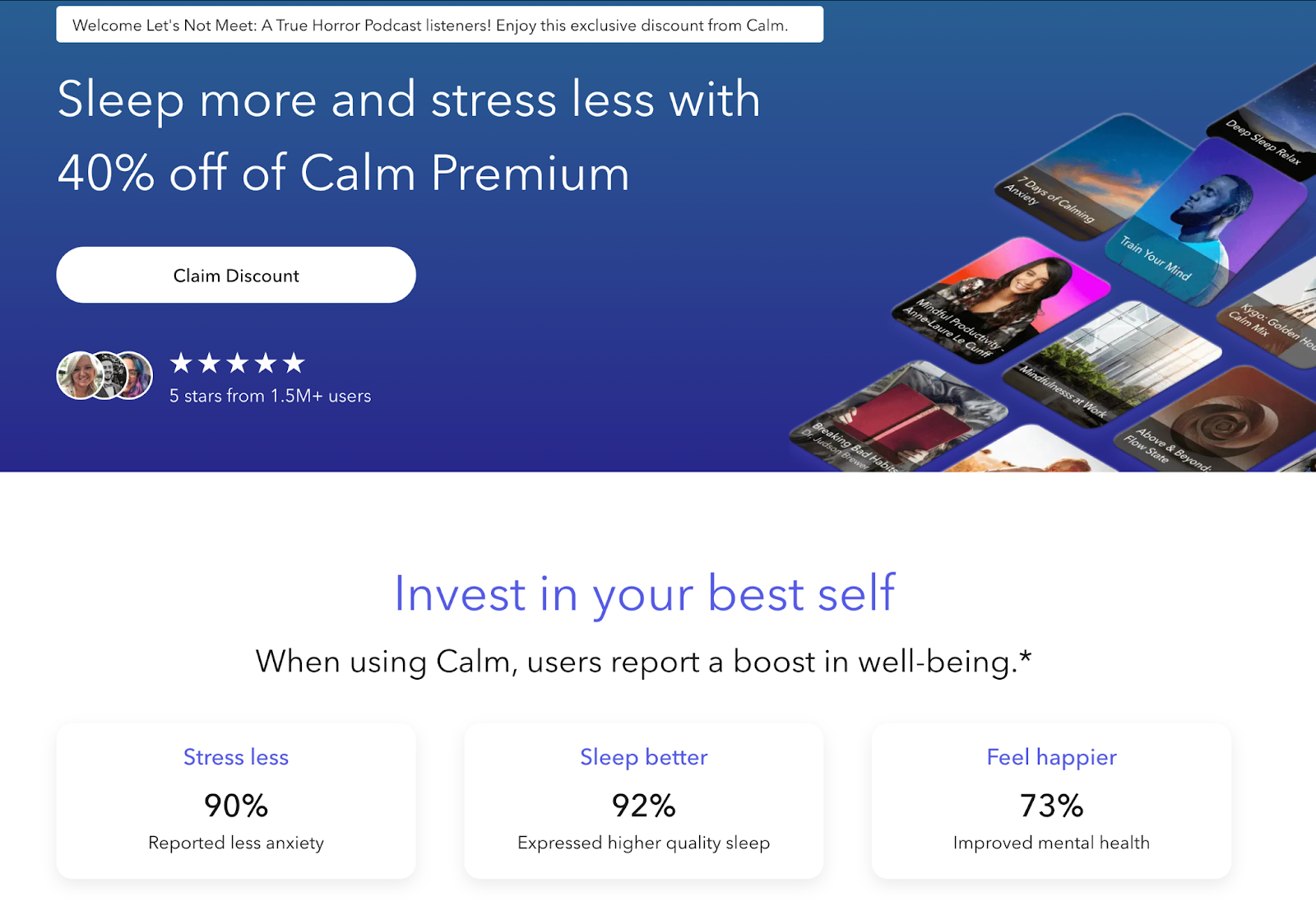 Image showing an example of a landing page by the brand Calm.