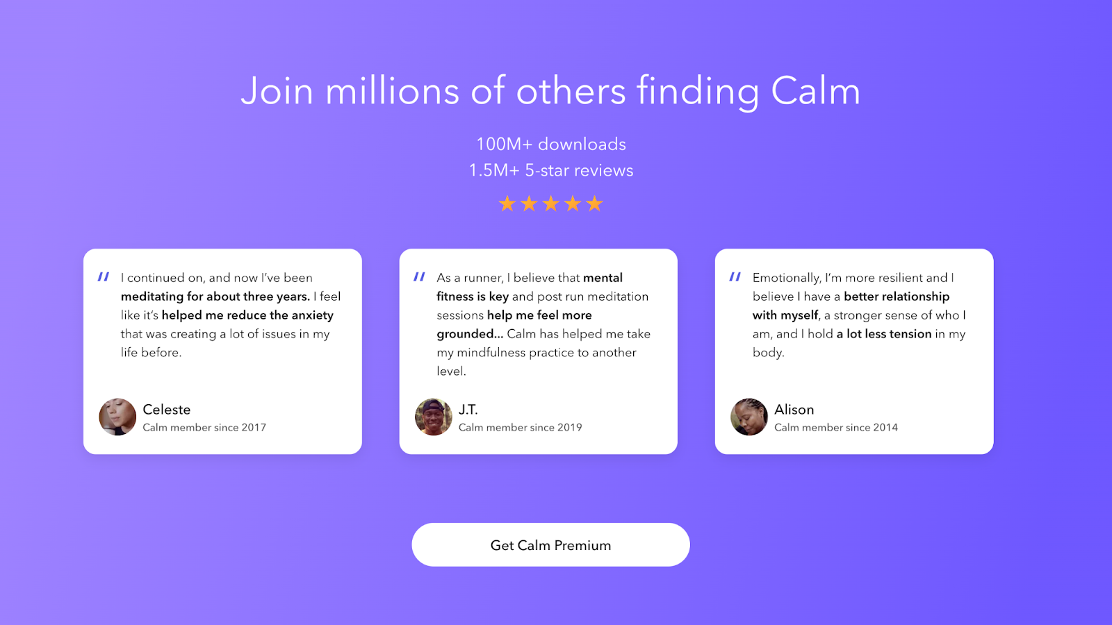 Image showing an example of a landing page by the brand Calm.