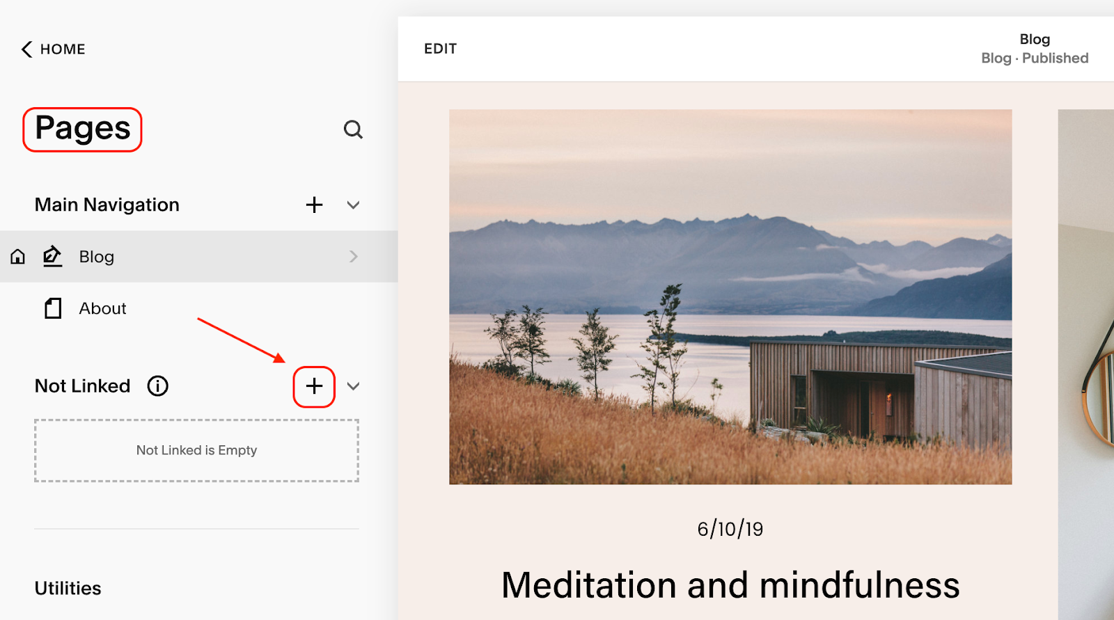 Image showing how you can create a Squarespace landing page by first creating a new page.