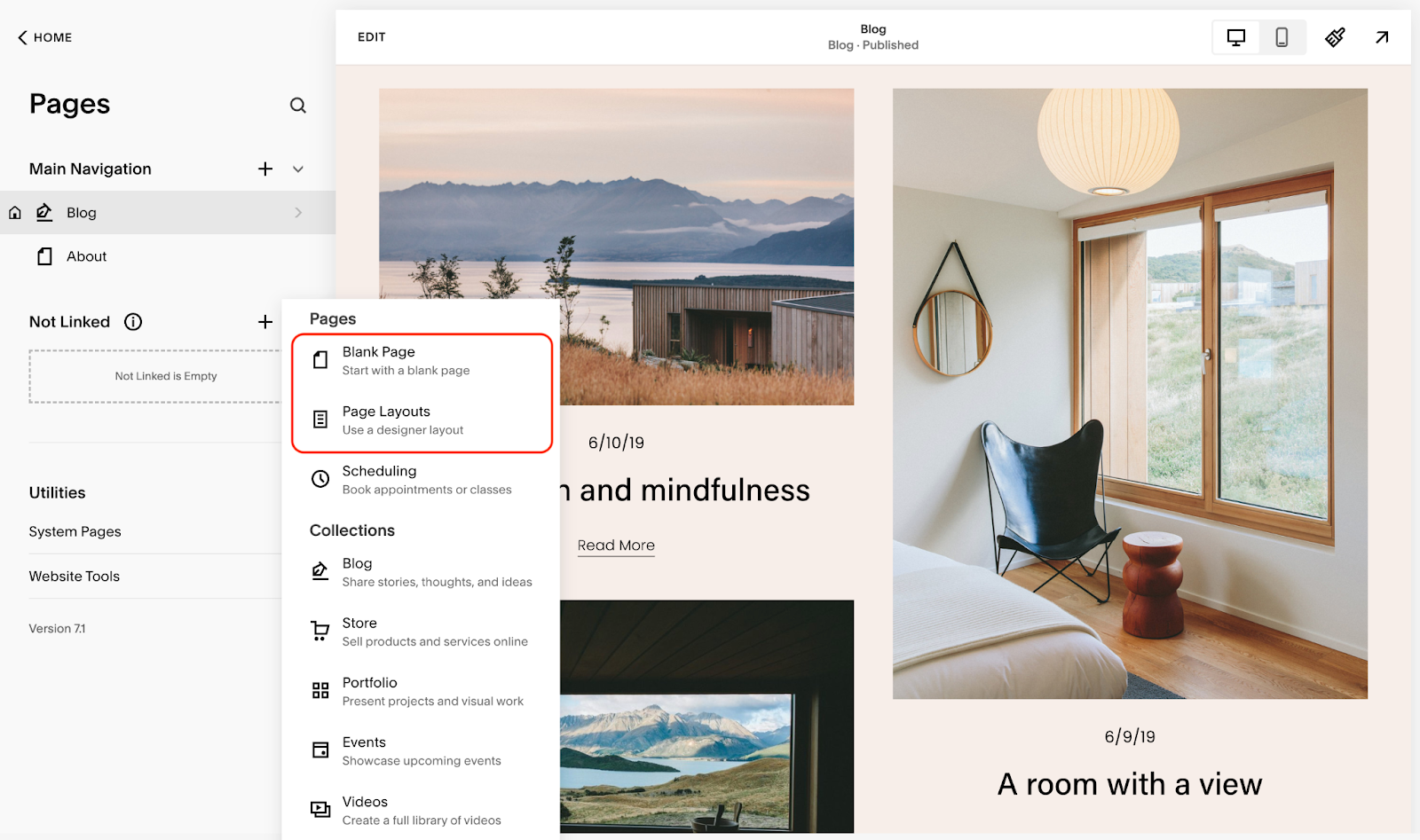 Image showing how to create a Squarespace landing page. You can choose a layout or start from scratch.