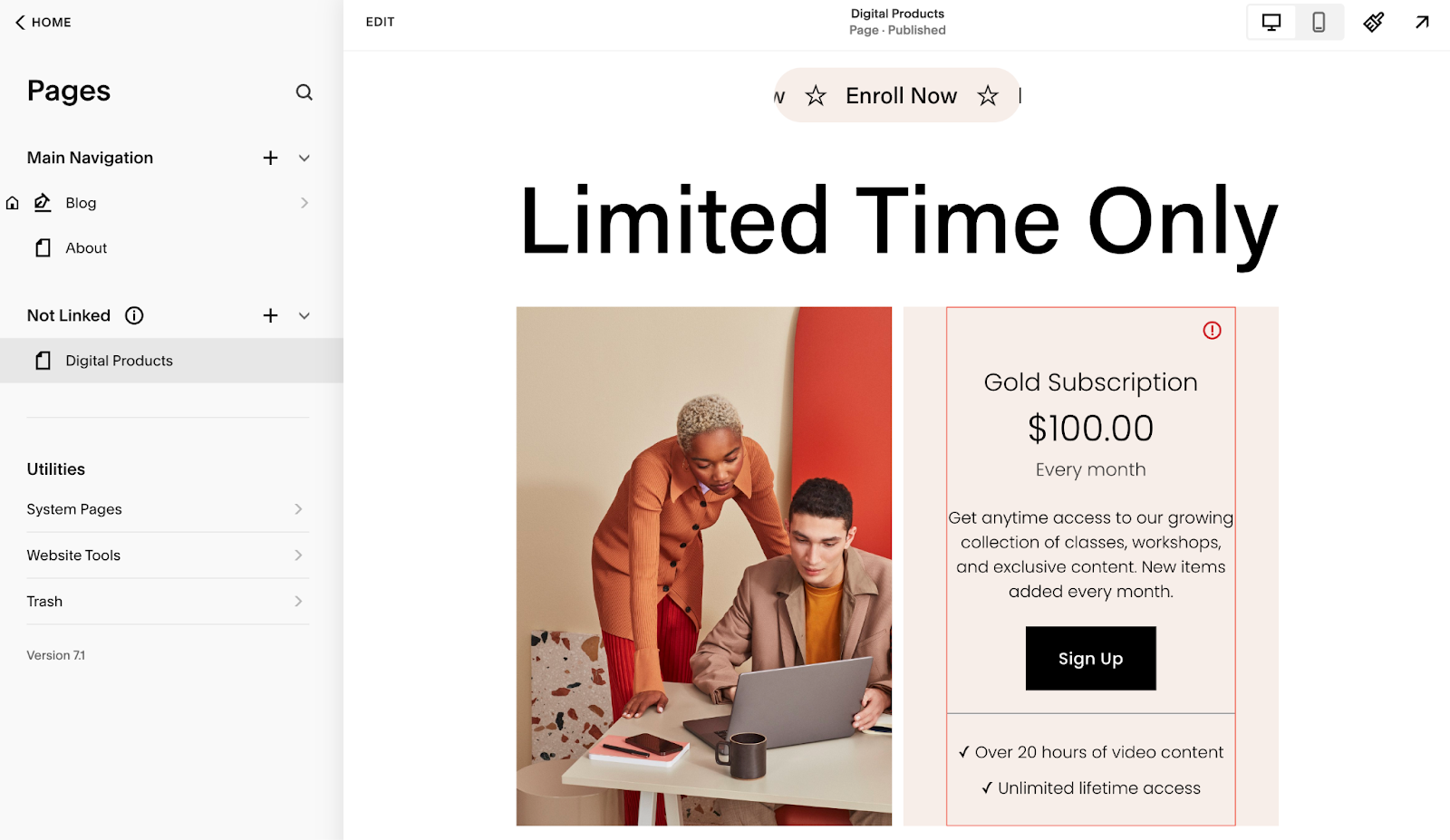 Image showing how you can create a Squarespace landing page by creating a new page, choosing a layout, or starting from scratch.
