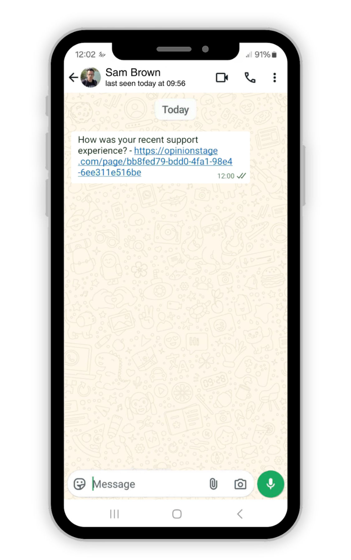 Image showing a mobile phone with WhatsApp opened. A message is displayed that invites the contact to participate in a survey.